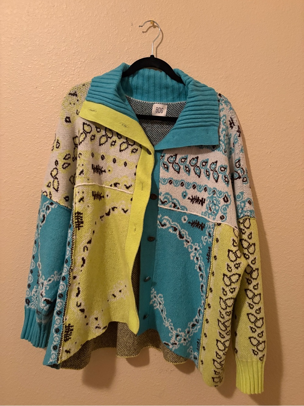 Turquoise & Lime Bandana Patterned Knit Cardigan Sweater
